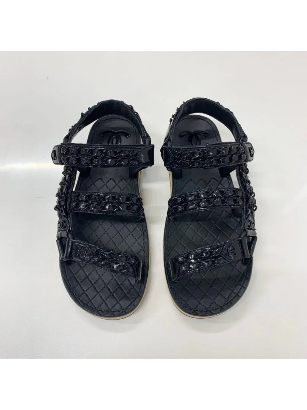 Chanel CC Logo Leather Chain Velcro Sandals Black